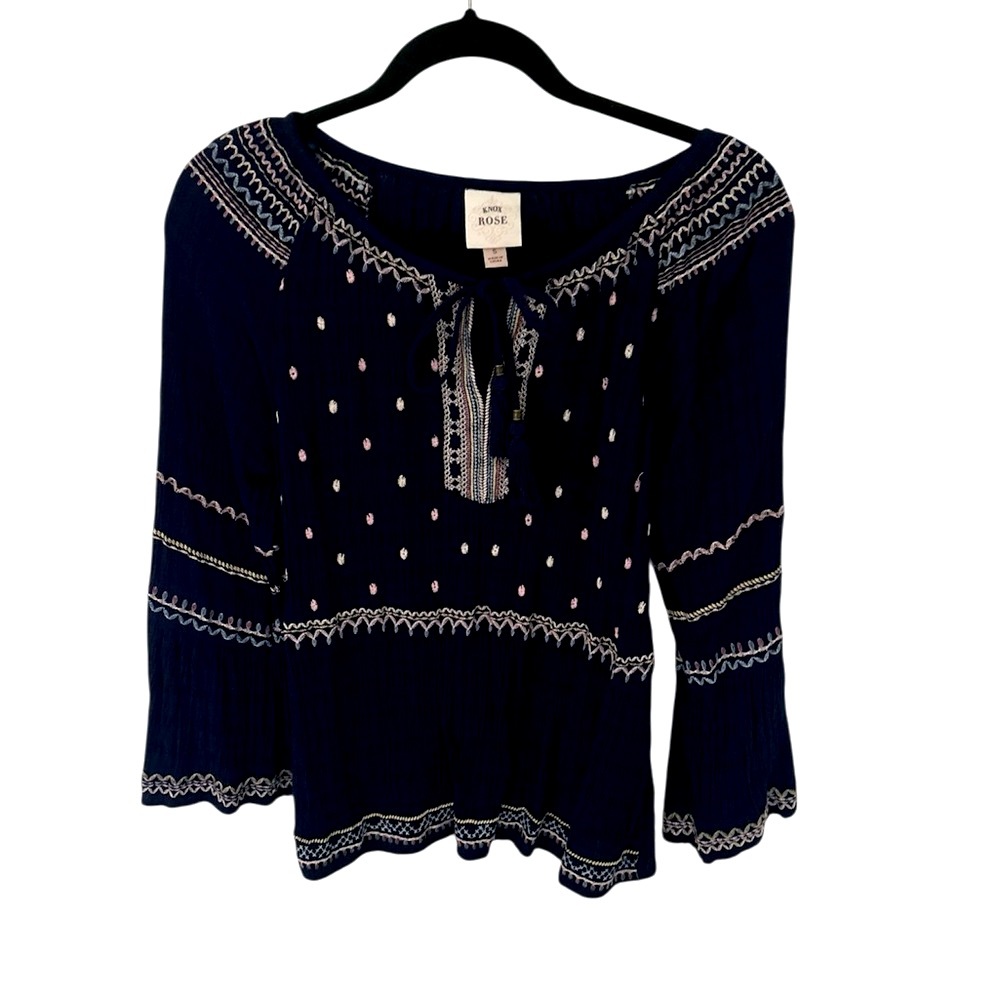 Knox Rose Dark BOHO Blue Blouse with White Embroidery